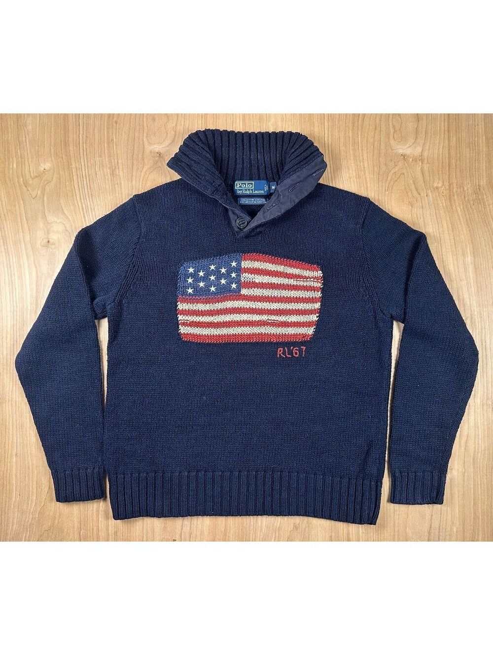 Vintage 90s Ralph Lauren American Flag sweater RL 67 knit cotton linen medium - Picture 1 of 11